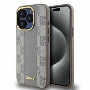 Kitas telefono priedas DKNY  DKNY Leather Checkered Mono Pattern MagSafe iPhone 15 Pro Max Case - Beige 