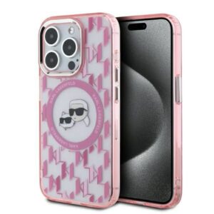 Cits mobilo telefonu aksesuārs Karl Lagerfeld  Karl Lagerfeld IML Monogram Karl & Choupette Head MagSafe Case for iPhone 15 Pro Max - Pink 