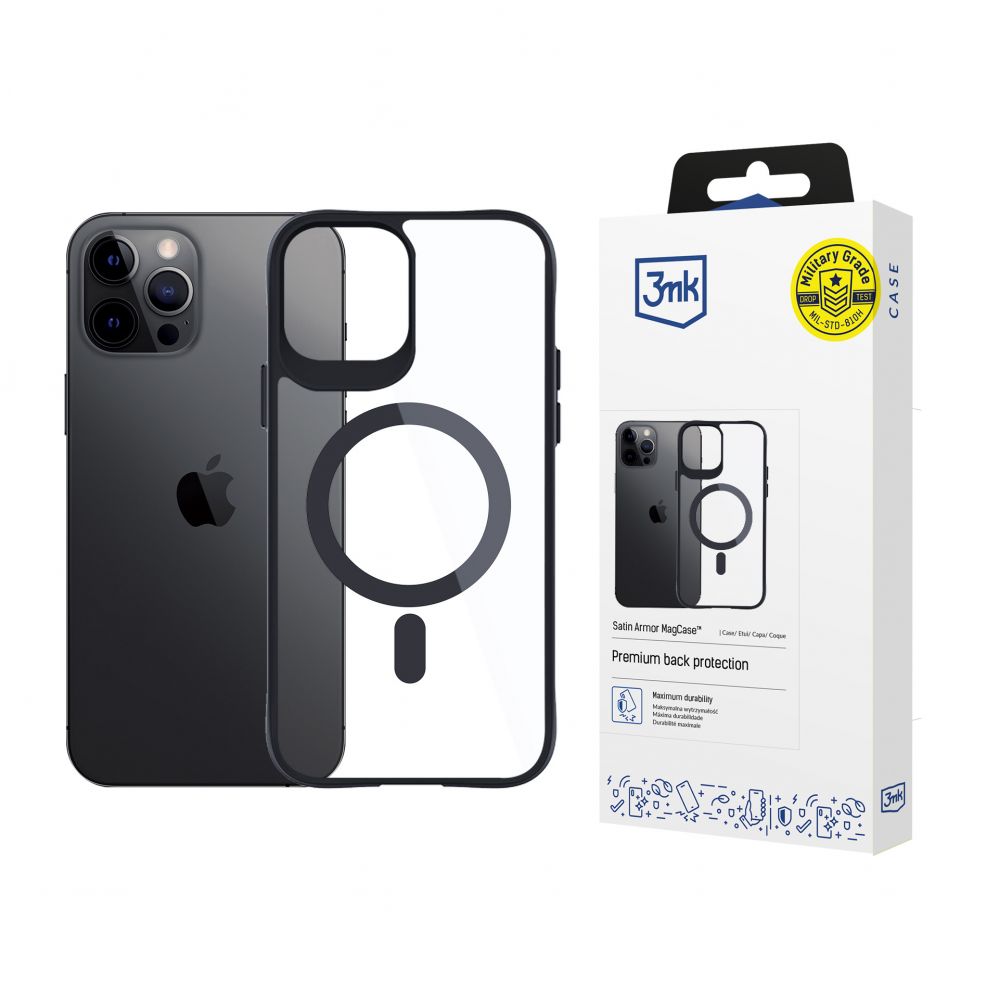 Other Phone Accessory 3MK 3mk Satin Armor MagCase with MagSafe for iPhone 12 Pro Max - Clear with Black Frame