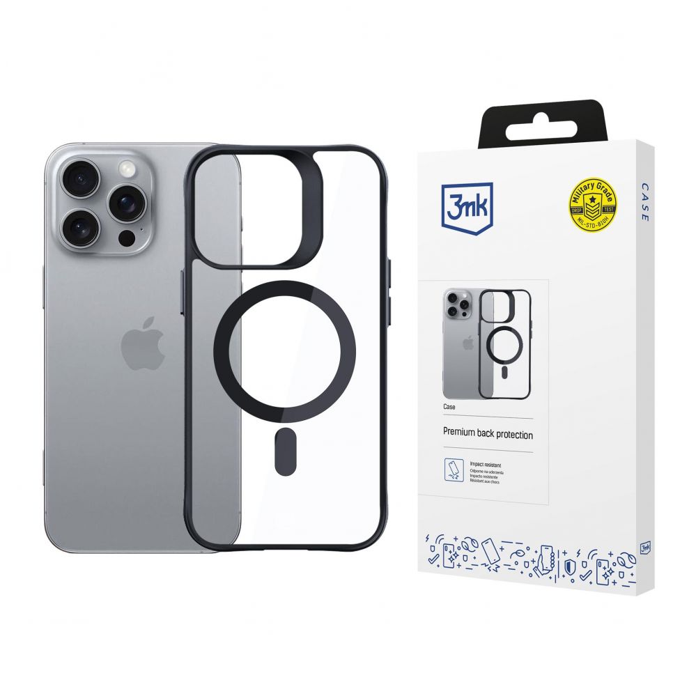 Other Phone Accessory 3MK 3mk Satin Armor MagCase with MagSafe for iPhone 16 Pro - Clear with Black Frame