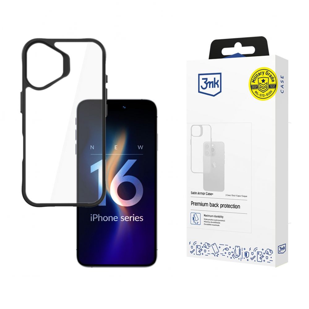 Other Phone Accessory 3MK 3mk Satin Armor Case+ for iPhone 16 Plus - Transparent with Black Frame