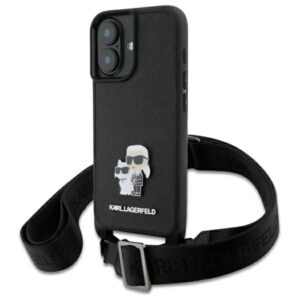 Kitas telefono priedas Karl Lagerfeld  Karl Lagerfeld Saffiano Karl&Choupette Metal Pin CBDY Strap iPhone 16 Case - Black 