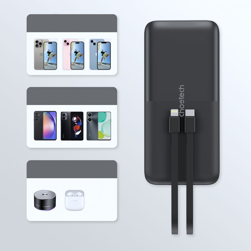 Ārējais akumulators Choetech Powerbank Choetech B654 10000mAh 22.5W USB-A / USB-C / micro USB with built-in USB-C / Lightning cable - black