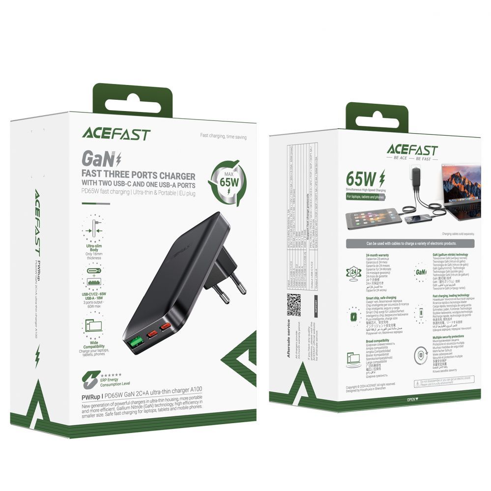 Adaptrid Acefast Acefast A100 65W GaN 2 USB-C+ USB-A Charger Ultra Slim - Black