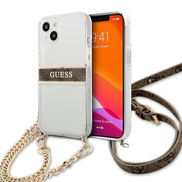 Tagakaaned Guess Guess GUHCP13SKC4GBGO iPhone 13 mini 5.4" Transparent hardcase 4G Brown Strap Gold Chain