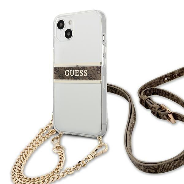 Tagakaaned Guess Guess GUHCP13SKC4GBGO iPhone 13 mini 5.4" Transparent hardcase 4G Brown Strap Gold Chain