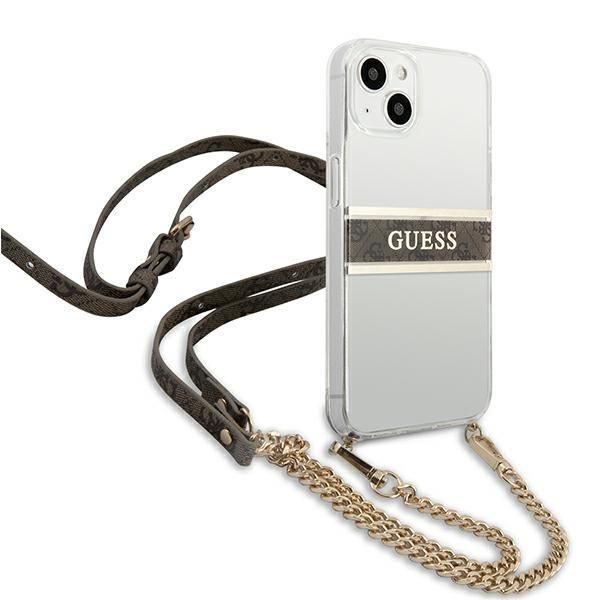Tagakaaned Guess Guess GUHCP13SKC4GBGO iPhone 13 mini 5.4" Transparent hardcase 4G Brown Strap Gold Chain