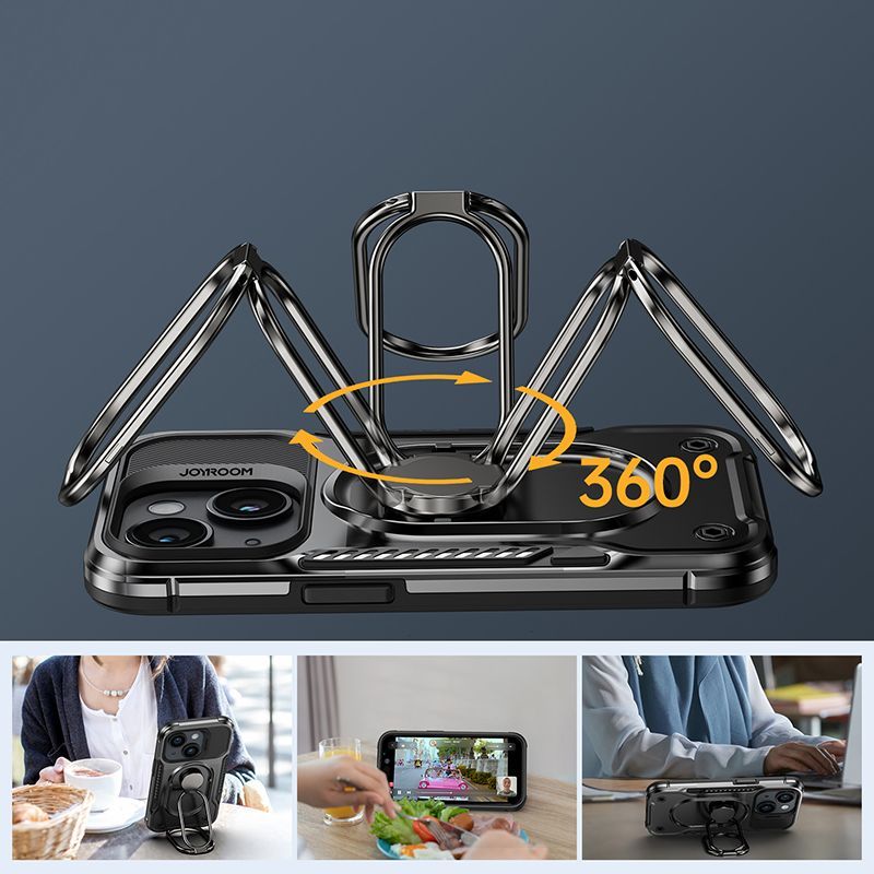 Tagakaaned Joyroom Joyroom Dual Hinge case for iPhone 14 armored case with a stand and a ring holder black