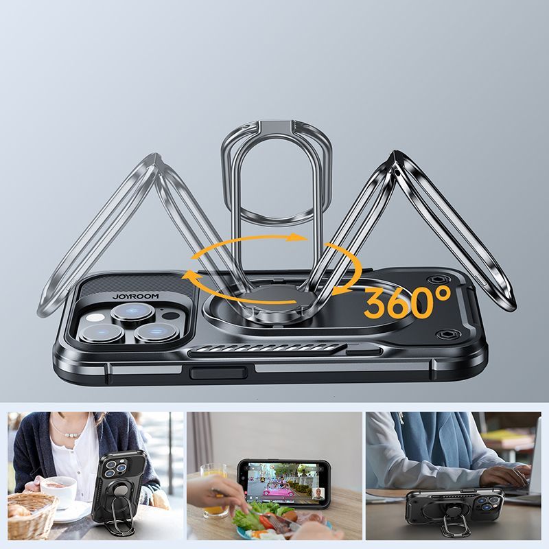 Tagakaaned Joyroom Joyroom Dual Hinge case for iPhone 14 Pro armored case with a stand and a ring holder black