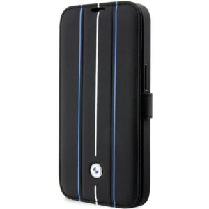 Aizmugurējais vāciņš BMW  Case BMW BMBKP14L22RVSK iPhone 14 Pro 6.1" black/black bookcase Leather Stamp Blue Lines 