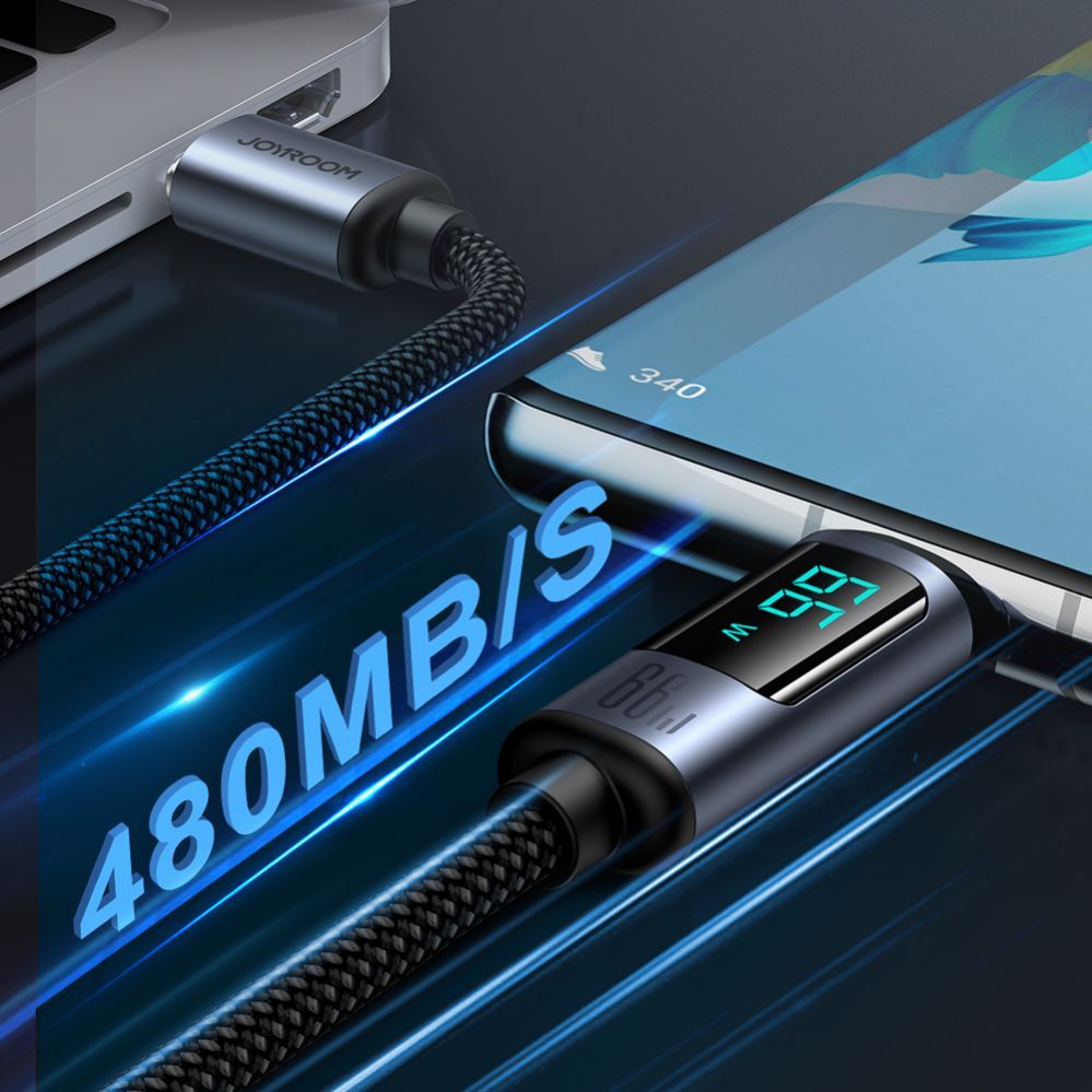 Kaabel Joyroom Joyroom Prism Series A16 USB-C / USB-A Cable 66W 1.2m with LED Display - Black