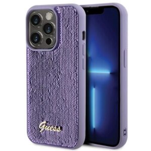 Nugarėlės dėklai Guess  Guess Sequin Script Metal case for iPhone 15 Pro Max - purple