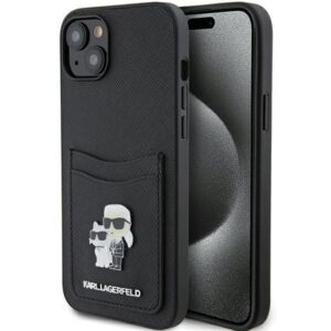 Aizmugurējais vāciņš Karl Lagerfeld  Karl Lagerfeld Saffiano Cardslot Karl&Choupette Metal Pin case for iPhone 15 - black 