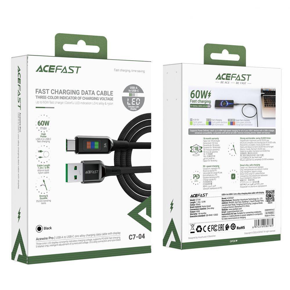 Cable Acefast Acefast C7-04 USB-A USB-C 60W 1.2m cable with display - black
