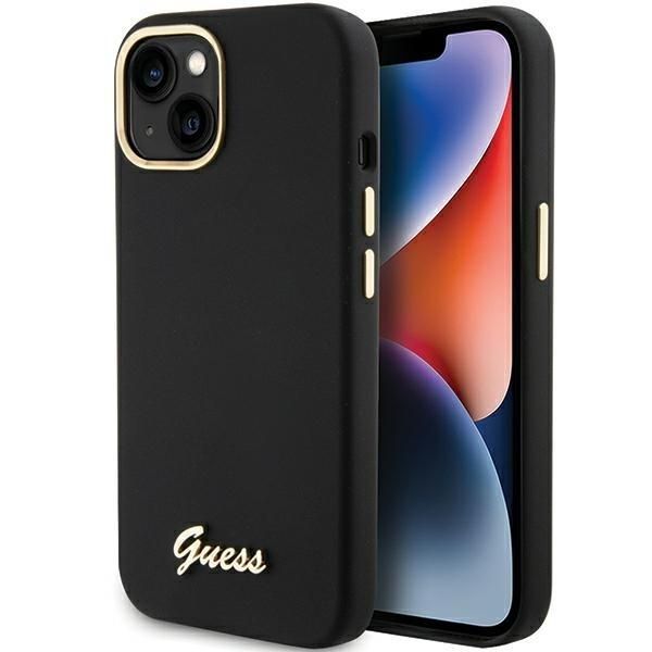 Aizmugurējais vāciņš Guess Guess Silicone Script Metal Logo & Frame case for iPhone 15 - black