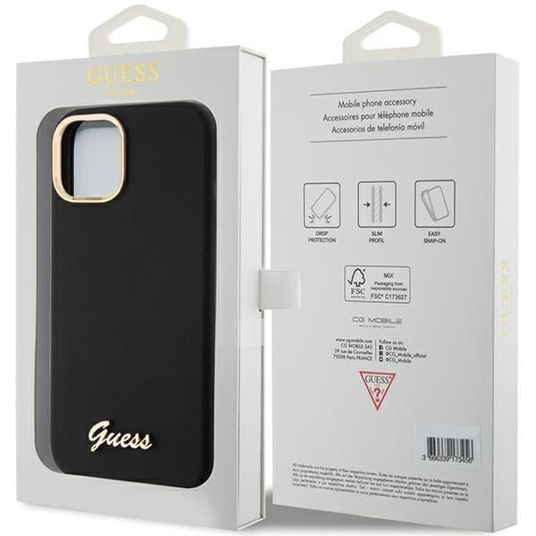 Aizmugurējais vāciņš Guess Guess Silicone Script Metal Logo & Frame case for iPhone 15 - black