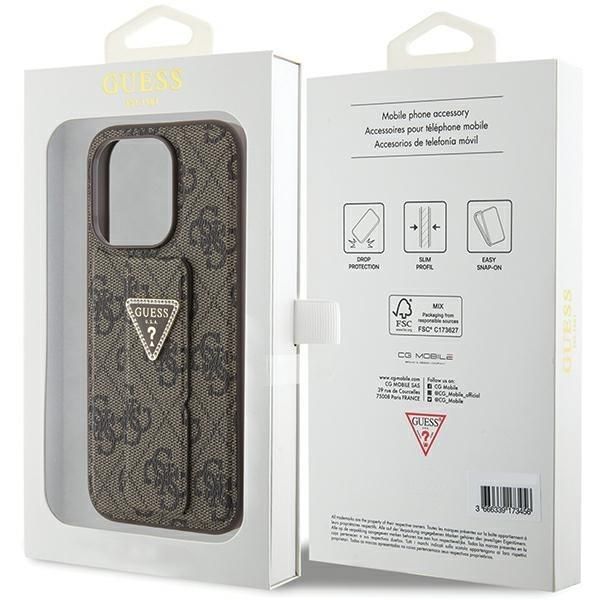 Aizmugurējais vāciņš Guess Guess Grip Stand 4G Triangle Strass case for iPhone 15 Pro Max - brown