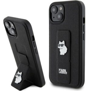 Aizmugurējais vāciņš Karl Lagerfeld  Karl Lagerfeld Gripstand Saffiano Choupette Pins case for iPhone 15 - black 