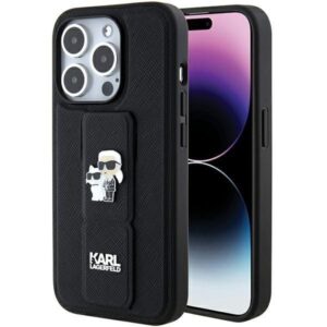 Aizmugurējais vāciņš Karl Lagerfeld  Karl Lagerfeld Gripstand Saffiano Karl&Choupette Pins case for iPhone 15 Pro Max - black 