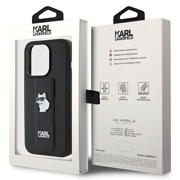 Tagakaaned Karl Lagerfeld Karl Lagerfeld Gripstand Saffiano Choupette Pins case for iPhone 14 Pro Max - black