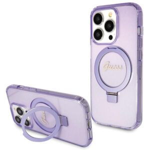 Nugarėlės dėklai Guess  Guess Ring Stand Script Glitter MagSafe case for iPhone 14 Pro Max - purple 