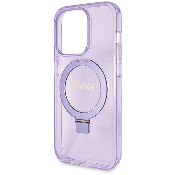 Aizmugurējais vāciņš Guess Guess Ring Stand Script Glitter MagSafe case for iPhone 14 Pro Max - purple
