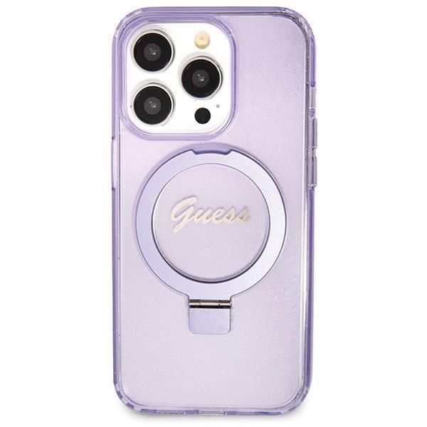 Aizmugurējais vāciņš Guess Guess Ring Stand Script Glitter MagSafe case for iPhone 14 Pro Max - purple