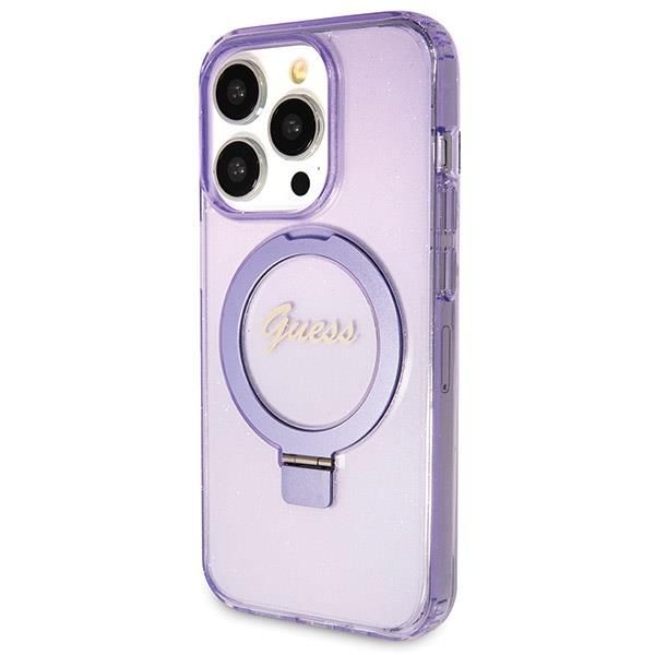 Aizmugurējais vāciņš Guess Guess Ring Stand Script Glitter MagSafe case for iPhone 14 Pro Max - purple