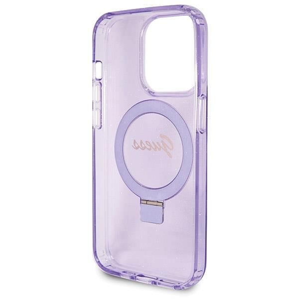 Aizmugurējais vāciņš Guess Guess Ring Stand Script Glitter MagSafe case for iPhone 14 Pro Max - purple