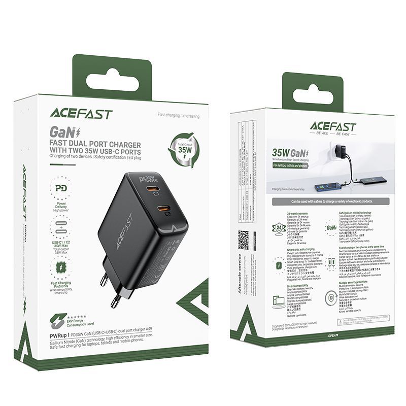 Adaptrid Acefast Fast charger GaN 35W PD 2x USB C Acefast A49 - black