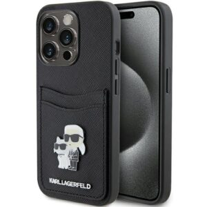 Aizmugurējais vāciņš Karl Lagerfeld  Karl Lagerfeld Saffiano Cardslot Karl&Choupette Metal Pin case for iPhone 15 Pro - black 