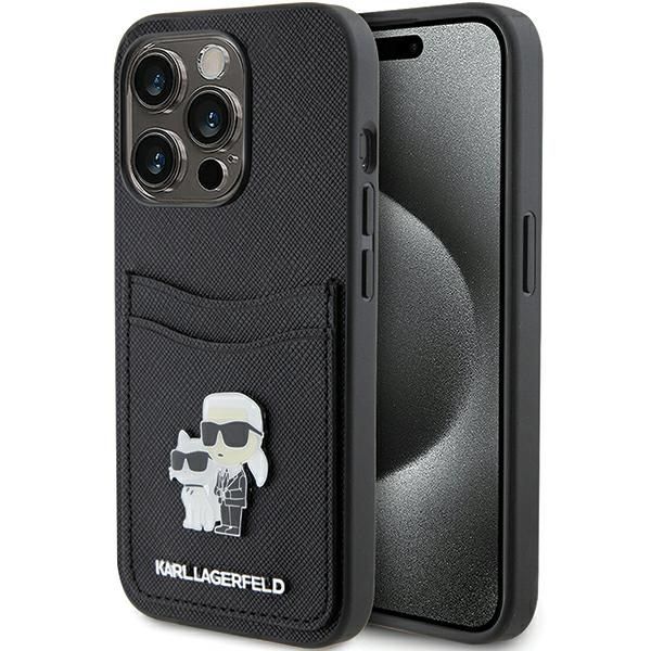 Tagakaaned Karl Lagerfeld Karl Lagerfeld Saffiano Cardslot Karl&Choupette Metal Pin case for iPhone 15 Pro - black