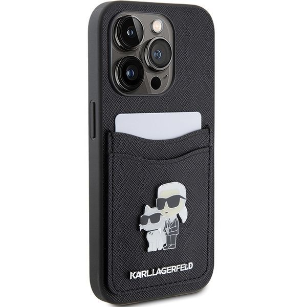 Tagakaaned Karl Lagerfeld Karl Lagerfeld Saffiano Cardslot Karl&Choupette Metal Pin case for iPhone 15 Pro - black