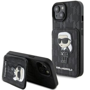 Aizmugurējais vāciņš Karl Lagerfeld  Karl Lagerfeld Saffiano Cardslots and Stand Monogram Ikonik Patch case for iPhone 15 - black 