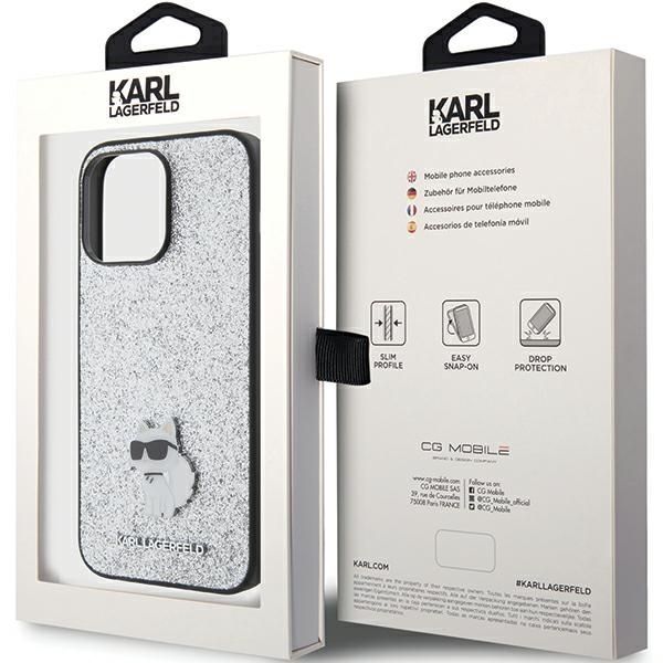 Back panel cover Karl Lagerfeld Karl Lagerfeld Fixed Glitter Choupette Logo Metal Pin Case for iPhone 15 Pro Max - Silver