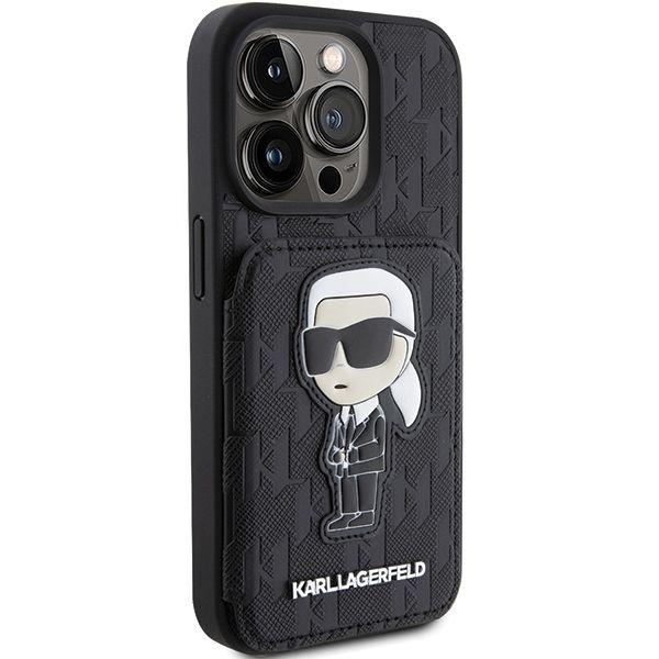 Tagakaaned Karl Lagerfeld Karl Lagerfeld Saffiano Cardslots and Stand Monogram Ikonik Patch case for iPhone 15 Pro Max - black