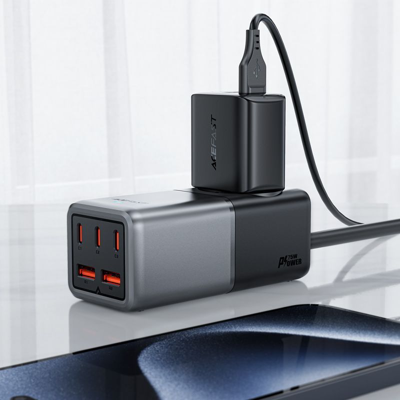 Adaptrid Acefast Acefast Z2 GaN 75W PD desktop charger 3x USB-C 2x USB-A - black and gray
