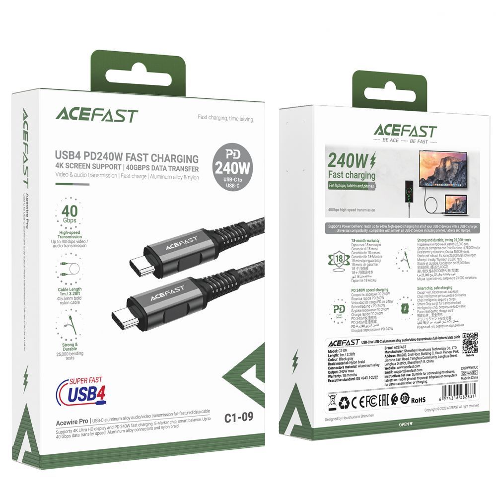 Cable Acefast Acefast C1-09 USB-C / USB-C USB4 PD3.1 cable 5A 1m - gray-black