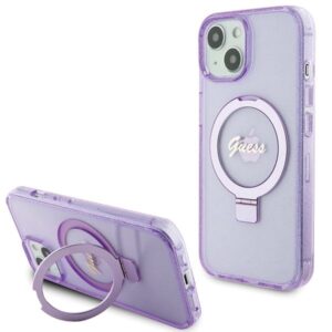 Nugarėlės dėklai Guess  Guess Ring Stand Script Glitter MagSafe case for iPhone 15 Plus / 14 Plus - purple 