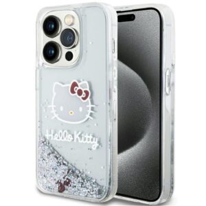 Nugarėlės dėklai Hello Kitty  Hello Kitty Liquid Glitter Charms Kitty Head case for iPhone 15 Pro - silver 