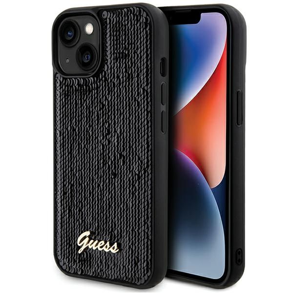Aizmugurējais vāciņš Guess Guess Sequin Script Metal case for iPhone 14 / 15 / 13 - black
