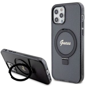 Nugarėlės dėklai Guess  Guess Ring Stand Script Glitter MagSafe case for iPhone 12/12 Pro - black 