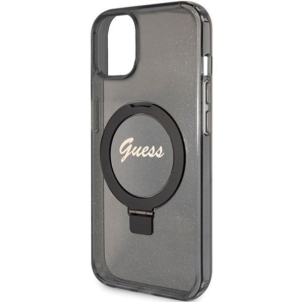 Aizmugurējais vāciņš Guess Guess Ring Stand Script Glitter MagSafe case for iPhone 14 / 15 / 13 - black