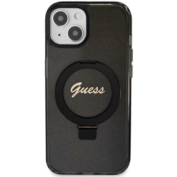 Aizmugurējais vāciņš Guess Guess Ring Stand Script Glitter MagSafe case for iPhone 14 / 15 / 13 - black