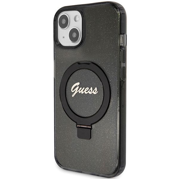 Aizmugurējais vāciņš Guess Guess Ring Stand Script Glitter MagSafe case for iPhone 14 / 15 / 13 - black