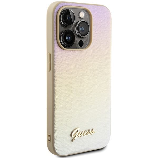 Aizmugurējais vāciņš Guess Guess Saffiano Iridescent Script case for iPhone 14 Pro Max - gold