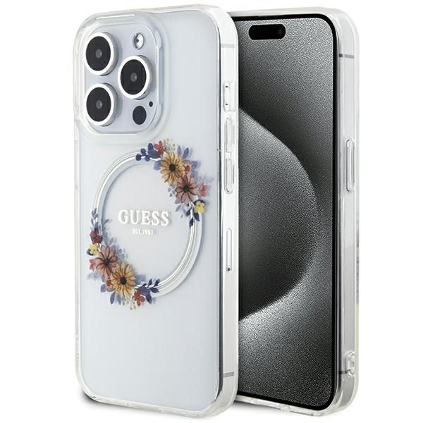 Tagakaaned Guess Guess IML Flowers Wreatch MagSafe iPhone 15 Pro Max Case - Clear