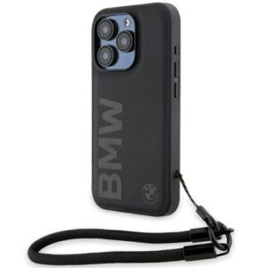Nugarėlės dėklai BMW  BMW Signature Leather Wordmark Cord case for iPhone 15 Pro - black 