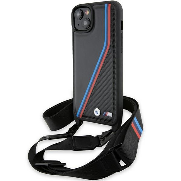 Back panel cover BMW BMW M Edition Carbon Tricolor Lines & Strap case for iPhone 15 / 14 / 13 - black