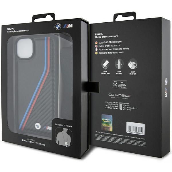 Back panel cover BMW BMW M Edition Carbon Tricolor Lines & Strap case for iPhone 15 / 14 / 13 - black